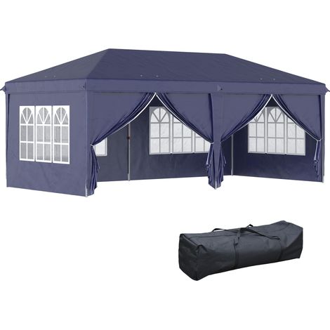 Pavillon pliant de 5,85 x 2,95 m avec protection UV, parois latérales et fenêtres, portes zippées, structure en acier robuste, bleu, idéal pour le jardin et les événements. (1/5)