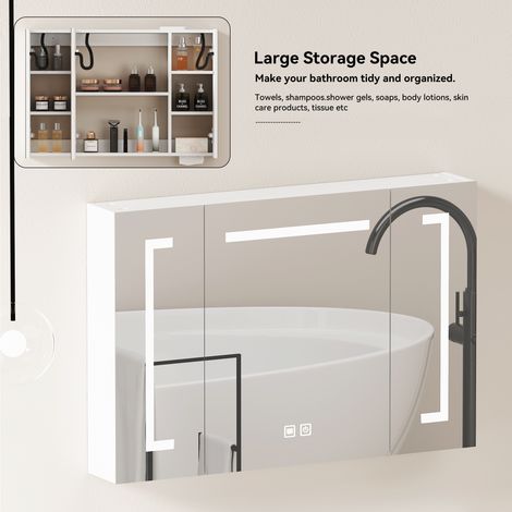 Armoire à miroirs LED élégante de 90 cm,Armoire de randonnée – Armoire à miroirs avec espace de rangement pour la salle de bain,le salon et la chambre