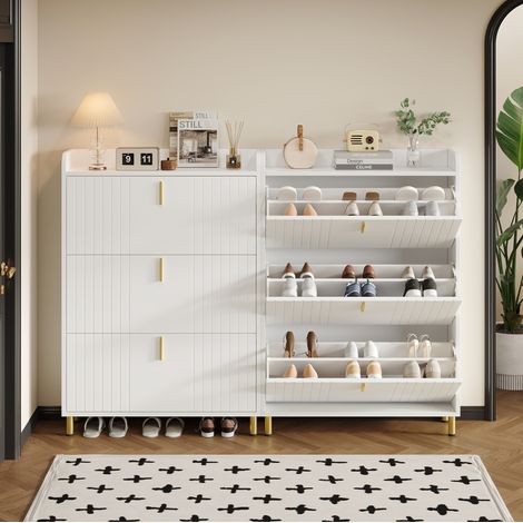 Scarpiera set da 2, 6 scomparti, 3 ante ribaltabili, bianco, MDF, 80 x 23 x 123,5 cm HAVRYA (1/5)