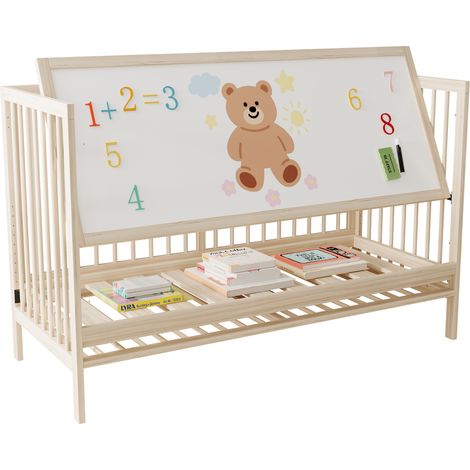 Lit bébé en bois massif naturel 140x60x90 cm – transformable en lit d’appoint/chevalet/table, hauteur réglable (1/5)