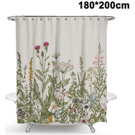 Rideau de douche (180 x 200 cm) anti-moisissures et résistant au mildiou, motif feuilles vertes fraîches (1/5)
