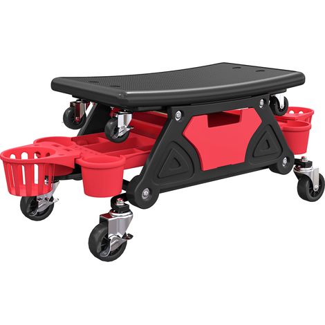 Tabouret d'atelier mobile 135 kg, siège mécanicien pivotant 360° avec roulettes, plateaux intégrés, 86x33x33cm, rouge (1/5)