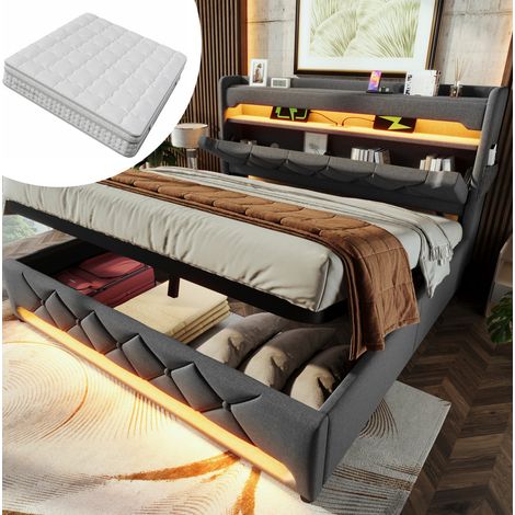 Bett modern 180x200 cm grau in Leinenoptik mit Stauraum-Kopfteil, USB/USB-C, 360°-LED, hydraulischem Bettkasten und Matratze