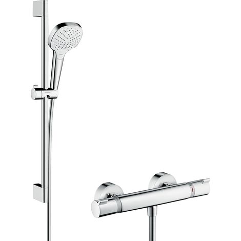 Hansgrohe – Colonne de douche thermostatique 0,65m 27081400 – 3 jets : Rain, Turbo Rain, IntenseRain – Écrou tournant pour flexible – Laiton blanc/chromé (1/7)
