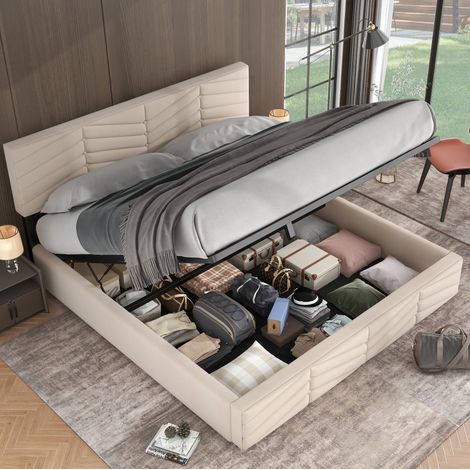Bett Doppelbett mit Stauraum 160x200 Samt Beige OKMYHOME (1/5)