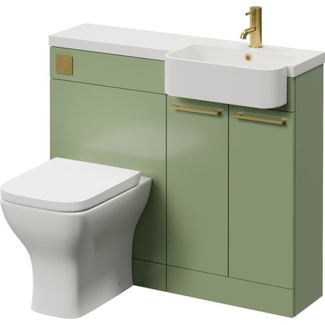Napoli 250 Olive Green 1000mm 2 Door Vanity Unit Toilet Suite with Right Hand Round Rico Semi Recessed Basin - 1000mm - Brushed Brass 160mm HandleWith Kingston Toilet Pan and Seat