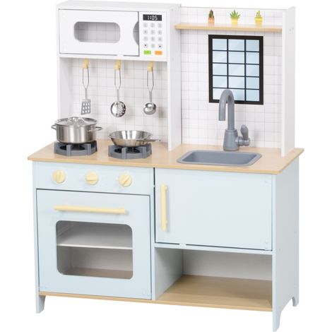Ensemble de cuisine de jeu,cuisine pour enfants pour jouer avec le micro-ondes,cuisinière et four,ustensiles de cuisine,MDF,acier inoxydable,bleu (1/5)