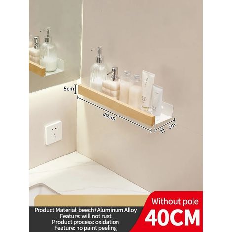 (Blanc 40 cm) Étagère d'angle en bois et aluminium pour salle de bain, rangement pour shampoing, étagère murale de douche (1/5)