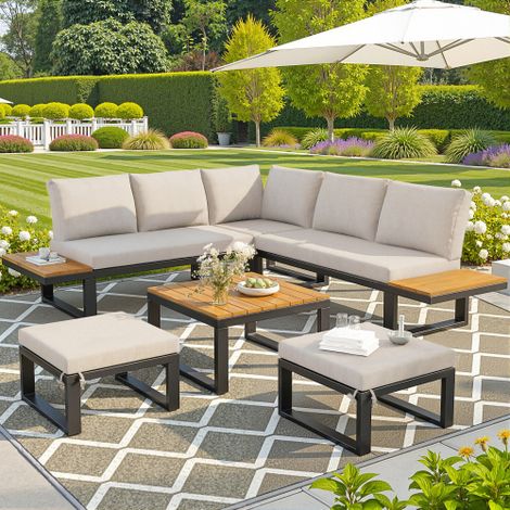 Salon de Jardin Modulable 6 Pièces - Canapé d'Angle avec Dossier Réglable, 2 Poufs et Table Basse - Acier Galvanisé - Beige (1/5)