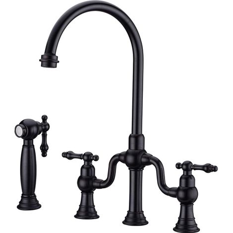 Robinet de Cuisine, RKF0398 Rétro Cuisine Robinet avec Pulvérisateur Latéral, 4 Trous 2 Poignées Mitigeur Cuisine, 59A Laiton, pour Eau Froide et Chaude (1/5)