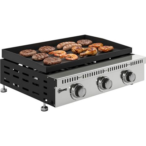 Plancha gaz 9 kW 3 brûleurs acier inoxydable, surface cuisson 56,5x33 cm, bac récupération graisses, noir. Idéale pour barbecue extérieur, cuisson rapide et uniforme, facile à nettoyer. (1/5)
