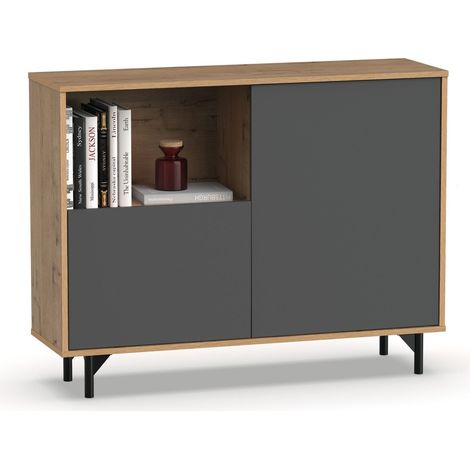 Buffet commode meuble de rangement coloris Gris/Chêne doré - Longueur 112 x Profondeur 33 x Hauteur 86 cm (1/5)