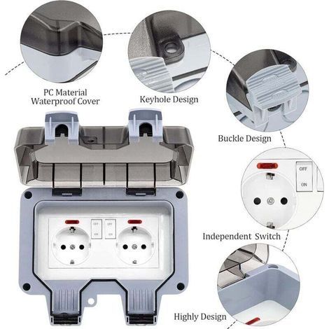 Prise Exterieure Etanche IP66 Double Prise de Courant et Volet de Protection Multiprise Electrique Murale de Jardin, Prise Anti-Poussière et Coupe-Vent avec Interrupteur, Voyant Lumineux - RWAut (1/4)