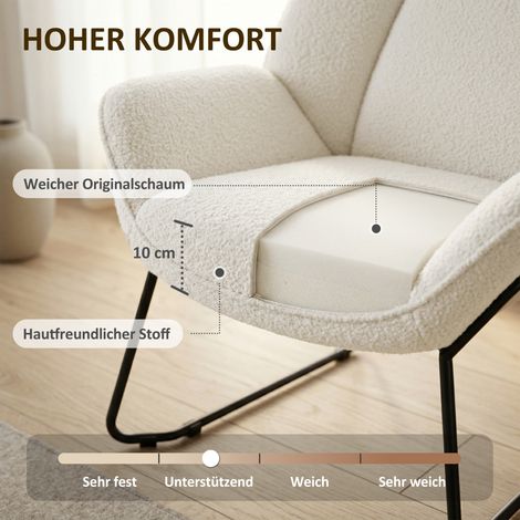 Moderner Stuhl mit Bezug aus Kunstfell (Sherpa), breiter Rückenlehne und Stahlbeinen, einfach zu montieren, weiß. (1/5)