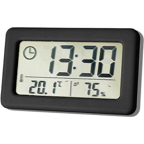 Réveil, thermomètre, écran LCD, hygromètre, fonctionne sur piles, calendrier, noir. (1/5)