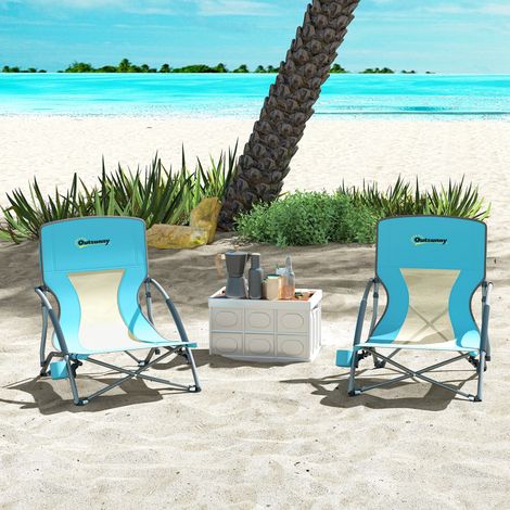 Lot de 2 chaises de plage pliable chaises camping pliante légère sac de transport porte-gobelet 58 x 55 x 62 cm bleu