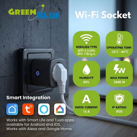 Toma de corriente wifi greenblue con control remoto, compatible con android/ios/alexa/google home, temporizador, medidor de potencia, máx. 16 a/3840 w, gb735 b (1/5)