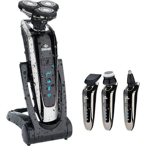 Rasoio elettrico da uomo per uso a secco e bagnato, ricaricabile, con testine rotanti 3D, schermo LCD, rasoio portatile, nero (1/5)