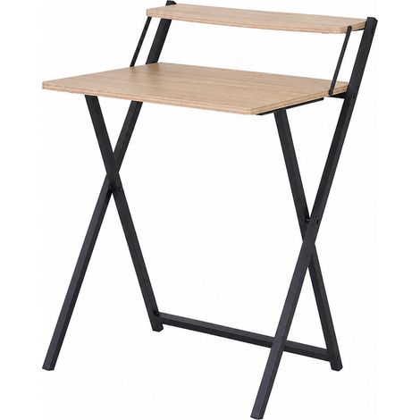 Bureau pliable compact avec étagère supérieure coloris Chêne clair et structure en métal Noir - Longueur 64 x Profondeur 52 x Hauteur 87,5 cm (1/5)