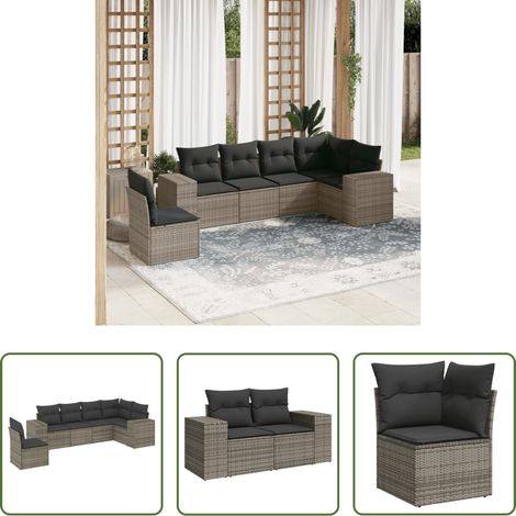 Gartensessel -  6-tlg. Garten-Sofagarnitur mit Kissen Grau Poly Rattan (1/5)