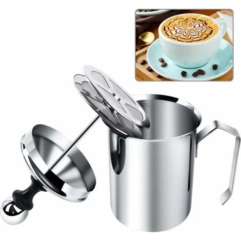Mousseur à lait manuel Barista - 400 ml en acier inoxydable à double maille fine et mécanisme de pression - Mousse de la Étiquette