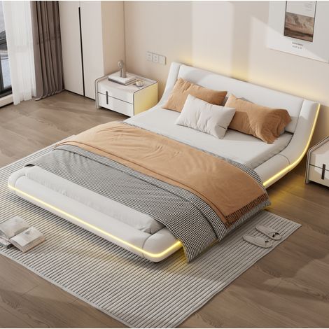 Cama baja 60,5/236,5/159 cm blanca de PU y MDF con iluminación LED ambiental (1/5)