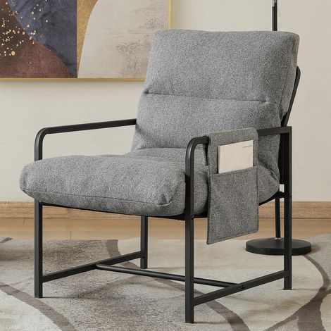 Loungesessel mit Armlehnen, Polstersessel mit Metallrahmen, Seitentasche, Grau (1/5)
