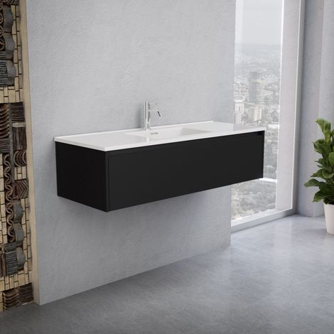 Inda - Badezimmerschrank 1 Schublade B.120 mit glänzendem Waschbecken / Mattschwarz - Smeraldo (1/5)