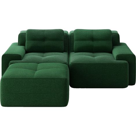 Sofá modular L verde de pana con puf, asiento profundo, 2 plazas, estilo moderno (1/5)