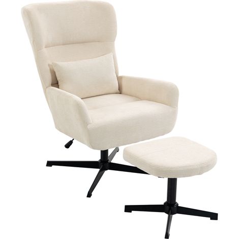 360° drehbarer Loungesessel mit Hocker, höhenverstellbar, Chenille-Bezug, mit Lendenkissen, Cremeweiß (1/5)