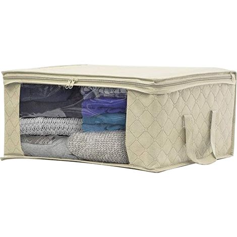 Sac de rangement de vêtements de grande capacité avec poignée renforcée en tissu épais pour couettes, couvertures, literie, pliable avec fermeture éclair robuste, fenêtre transparente beige (1/5)