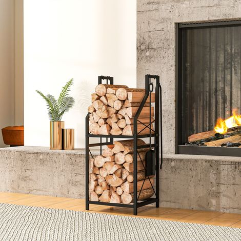 Estante de Leña Metálico de Chimenea Soporte para Leña de 2 Niveles con 4 Herramientas Ganchos 34x30x80 cm Negro (1/5)