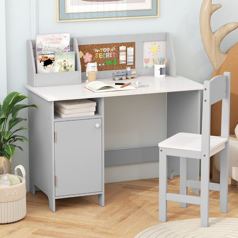 Bureau pour Enfants avec Chaise Tableau d'Affichage Bibliothèque en Bois pour le Salon Chambre d'enfants 3+ Ans Gris (1/2)