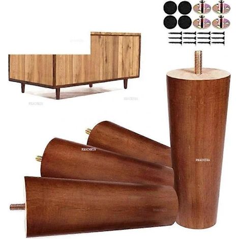 Ensemble de 4 pieds de meuble en bois massif avec plaques de fixation à vis et patins de protection pour sol, pour table basse, lit ou chaise, couleur noyer, 15 cm.