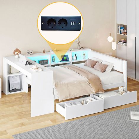 Cama plataforma 140/200 cm blanca de MDF y madera con almacenaje, USB, LED y cabecero tapizado (1/5)