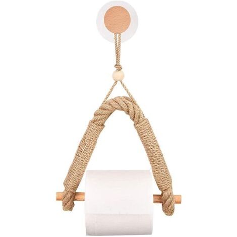 Self-Adhesive Toilet Roll Holder, Wood Roll Holder, Hemp Rope Paper Towel Holder, Wall-Mounted Tissue Holder, Retro Punch-Free Hemp Rope Toilet Paper Holder for Bathroom and Kitchen (1/5)