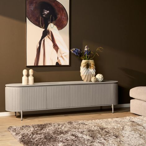 Meuble TV bois gris rainuré ovale 4 portes CALERO