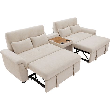 Sofá cama en U extensible de chenilla beige con 2 portavasos y 4 cojines 284 x 138 x 89 cm (1/5)