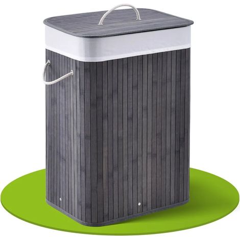 Panier à linge en bambou frisé, 72 litres, avec sac à linge, couvercle et poignées - Gris (1/5)