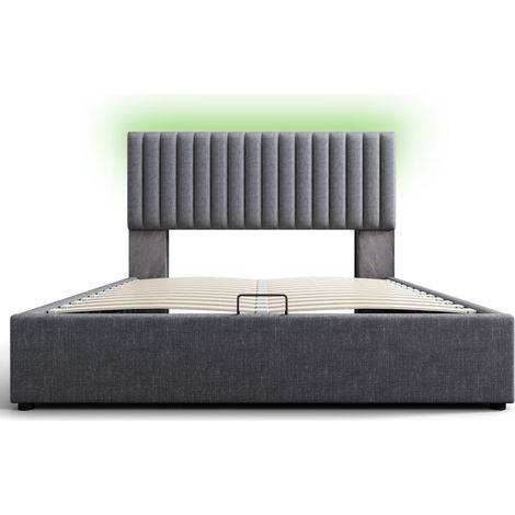 Cama doble tapizada 140 x 200 cm con almacenaje, LED, USB Type-C, gris (1/5)