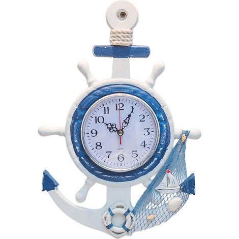 Horloge murale bateau bleu et blanc, style marin, petit format 34 x 23 cm, pour bureau ou chambre (1/4)