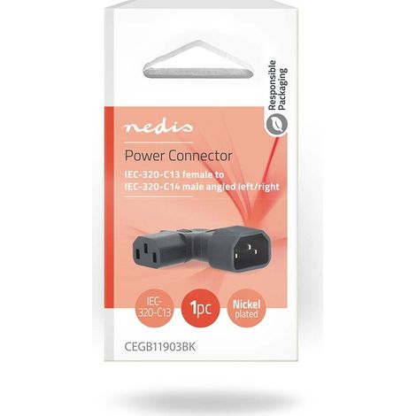Nedis Extension Plug / IEC-320-C13 / IEC-320-C14 / Links abgewinkelt / Vernickelt / PVC / Schwarz / Box / 1 Stück