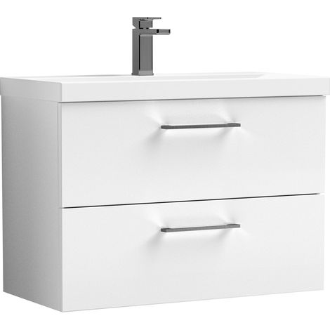 Balterley 800mm Wall Hung Bathroom 2 Drawer Vanity Unit and 1 Tap Hole Ceramic Basin, Gloss White with Brushed Pewter Handles