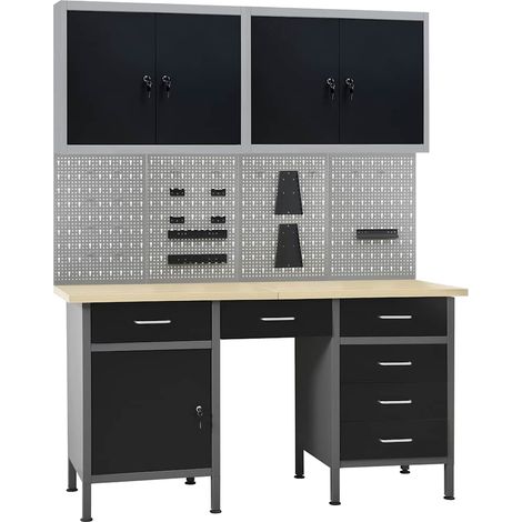 Établi d'atelier avec rangement 160 x 60 x 85 cm, 4 panneaux muraux et 2 armoires gris noir - PANGIVO (1/5)