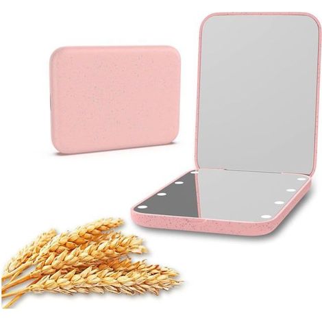 Espejo de bolsillo plegable, alimentado por pilas ecológicas, aumento x2, con 8 luces LED, práctico para retoques. (1/5)