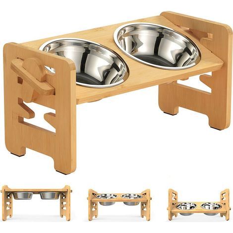 Erhöhter Futternapf für Haustiere – Verstellbarer Bambusständer – 2 Edelstahlnäpfe – Höhe 6,4 bis 17,8 cm – Für Hunde und Katzen (1/5)