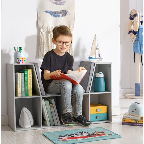 Kinderregal mit Bank, 6 Fächern und 3 Kissen, Grau, 103 x 30 x 62 cm HAVRYA (1/5)
