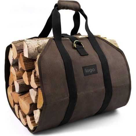 Sac de Transport de bûches en Toile à 2 poignées avec Poche pour Bois de cheminée - Marron (1/5)