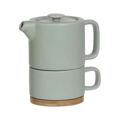 Théière solitaire en céramique vert menthe avec tasse intégrée, socle en bambou et capacité de 40 cl – Livraison gratuite