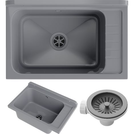 Évier Utilitaire en Polypropylène Gris Granitan Monza pour Buanderie, Chaufferie et Garage avec Siphon et Kit de Montage - 58x38x26,7 cm
